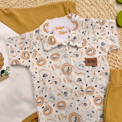 Conj. de Malha 3 peças - Leãozinho com Jubinha e Safari - Caramelo e Off White